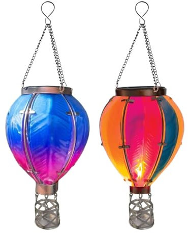 Balloon Fiesta Realistic Flaming Effect Solar Powered Hot Air Balloon Hanging Lantern, Metal Solar Flickering Light, Colourful Metal Solar Light for Garden Outdoor Indoor Use Novelty Patio Lighting