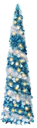 5Ft/ 1.5m Pop Up Tinsel Christmas Tree, Collapsible Artificial Christmas Tree with 100LED Lights, Large Sequins Pencil Xmas Tree for Outdoor & Indoor Party Carnival Decorations (Blue and White)