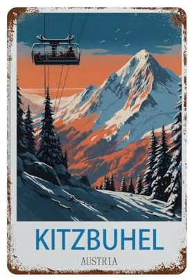DBKGHIEDHG Kitzbuhel Vintage-Reiseposter Österreich mit Seilbahn, Retro-Metall-Blechschild für Küche, Lounge, Garten, Garage, Kneipe, Wand/Tür (20 x 30 cm, D1)