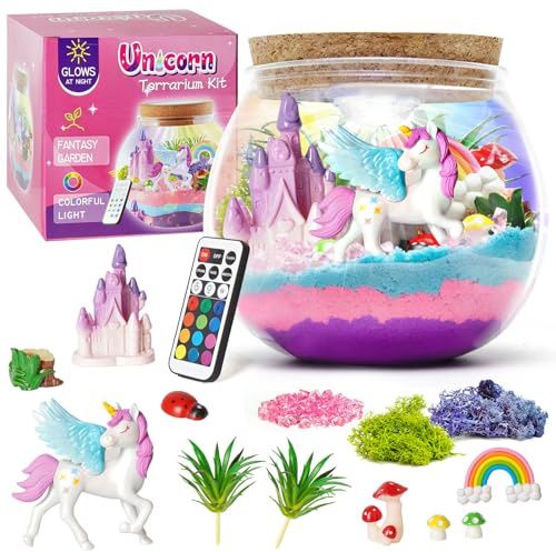 Einhorn Nachtlicht Mädchen, DIY Bastelset Kinder mit Fernbedienung | Leuchtendes Einhorn Terrarium Bastelset für Kinder, Spielzeug für Mädchen ab 3, 4, 5, 6, 7, 8+ Jahren