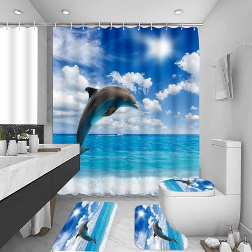 Badematten & Badteppiche Set 3 Teilig Badezimmerteppich Waschbar Badematte rutschfest,Wc Vorleger Mit Ausschnitt Und Badematte, Badvorleger Toilette Teppich 50×80Cm Delphin