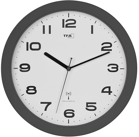 TFA Dostmann Funkuhr Analog Wanduhr modern, 60.3554, ohne Ticken, geräuschlos, Küchenuhr, 32cm Durchmesser, zum Hängen, batteriebetrieben, anthrazit