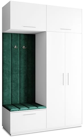 Masseno Flugarderoben Set Rema, Kleiderschrank-Set mit Sitzbank, Garderobenschrank Flur mit 5 Regalböden, Weiß