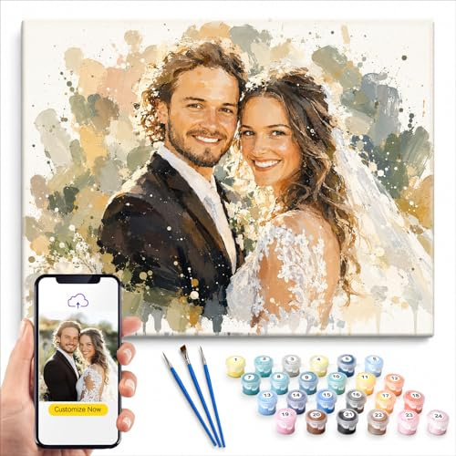 Style aquarelle – Peinture par numéros personnalisée à partir d’une photo | Photo de famille, couple ou animal; toile numérotée, 36 couleurs et 3 pinceaux; pour débutants