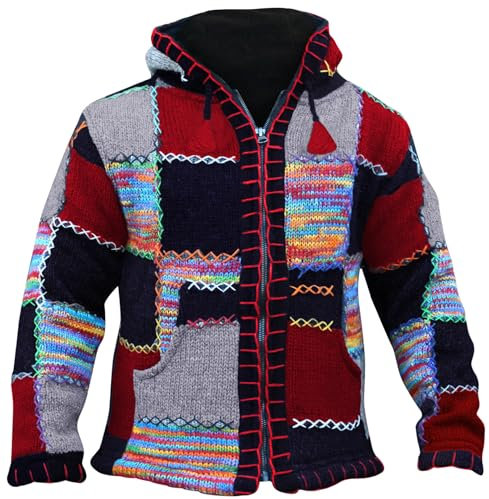 SHOPOHOLIC FASHION Herren Fleecegefüttert Buntem Patchwork Hippie mit Kapuze Festival Wolljacke, (Rot Mischung/L)