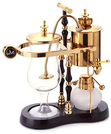 Diguo Machine à café de luxe à siphon d’équilibrage Famille royale belge Fulcrum élégant à double cannelure avec poignée en T (noir égyptien et doré).