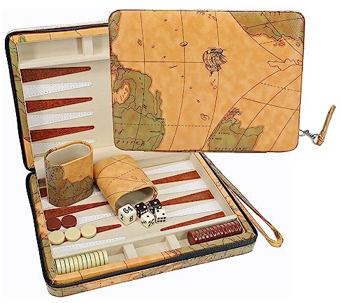 WE Games Travel Backgammon Set - Magnetic Board Game with 30 Chips, 2 Vinyl Dice Cups, 4 Dice & Tan Map Leatherette Case