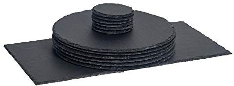 Argon Tableware Round Slate Placemats, Drink Coasters & Platter Set - 13pc - Black Natural Slate Dinnerware Place Settings Dining Mats for Kitchen, Home, Bar, Restaurant, Weddings, Events