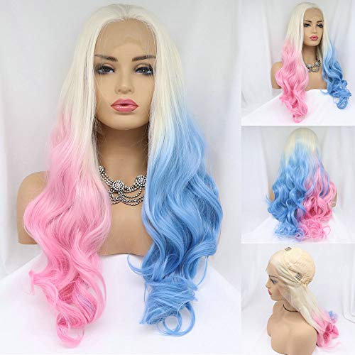 60 weißblonde Ombre-Perücken, halbrosa/blau synthetische Lace-Front-Perücke für Frauen Harley Quinn Perücke Cosplay synthetische realistisch aussehende, natürlich gewellte Ombre-Perücke hitzebeständig