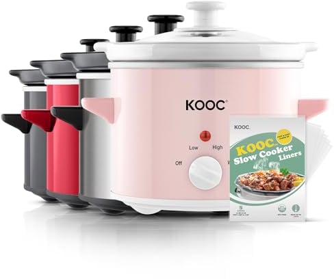 KOOC Mijoteuse de 2 litres, doublure gratuite incluse pour un nettoyage facile, température réglable, réduction de la perte de nutriments, acier inoxydable, rose, rond