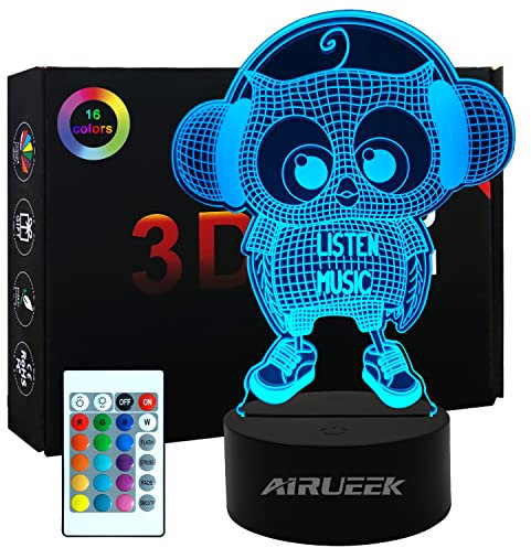 AIRUEEK Eule 3D Lampe, Eule Deko Licht, Eulen die Musik hört, Eule Kinder Geschenk, 3D Eulen Nachtlicht Mit Fernbedienungeulen Geschenkec, 3D Eulen Led Eule 7 Jährige Mädchen Geschenk