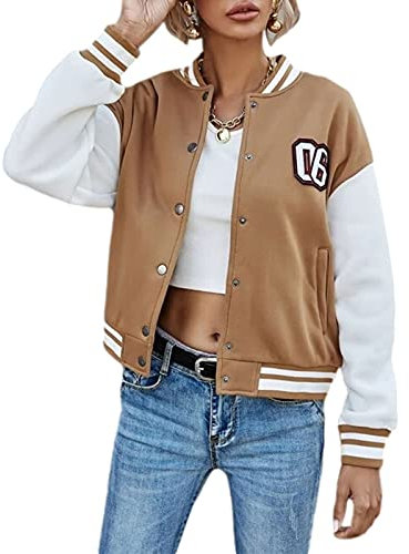 Yassiglia Damen Baseball Jacke Frauen College Jacke Mädchen Wintermantel Warm Kurze Vintage Bomberjacke Ladies Sweat Jacket Sweatjacke für Frauen Herbst Frühling (Khaki, Medium)