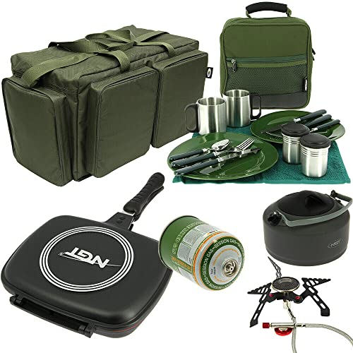 Complete Cooking Set Pan Grill Kettle Gas Stove Portable Cutlery & Large Bag | Carp Fishing | Camping |