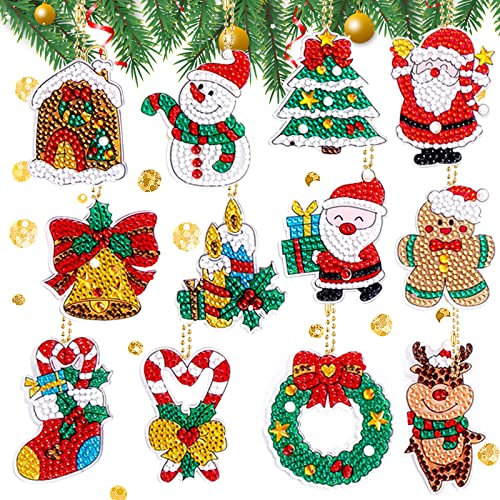 Abeillo 12 Pieces Christmas Diamond Painting Keychains 5D DIY Christmas Diamond Art Ornaments Santa Claus Diamond Painting Kits Rhinestone Pendant Decorative Hanging Ornament for Christmas Tree