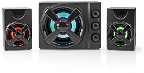 Nedis Gaming Speakers with Subwoofer, USB Powered 2.1 Stereo System, RGB LED Light, Treble Bass Volume Control, 33W Peak Power, 3.5mm Audio, for PC Desktop Laptop Console - Black