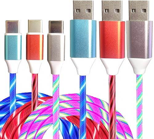 3 Pack Led USB C Charging Cable Light Up Type C Charger LED Light Up Fast USB-C to USB-A Charge Cord Compatible with Samsung Galaxy S23 S22 S21 S10 S9 Plus Note 20 10 Pixel(6.6FT,Blue&Colourful&Red)
