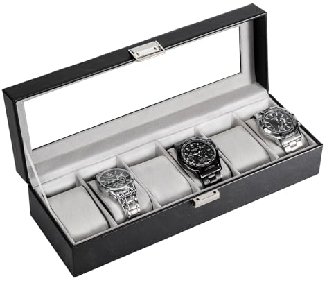 ProCase Uhrenbox mit 6 Fächern, Uhrenkasten mit Glasdeckel, Uhrenkoffer mit Uhrenkissen, Uhrenaufbewahrung, Premium-Uhrenschatulle, PU-Leder Uhrenkasten, Watch Box für Herren - 6 Fächer, Schwarz