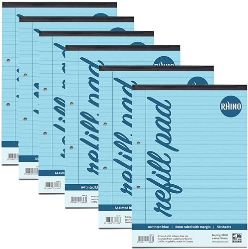 RHINO A4 Refill Pad, Writing Pad, 100 Page / 8mm Lined, 6 Pack, Blue Lined Writing Paper for Dyslexia & SEN, Office & School Stationery Supplies