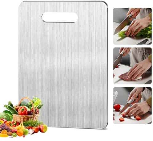 Moorle Stainless Steel Chopping Board, 15 x 11 inch Titanium Chopping Boards, Large Titanium Cutting Boards, Food Grade Cutting Board with Non-Slip Pad and Hooks, Dishwasher Safe Chopping Board