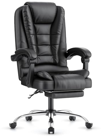 rattantree Bürostuhl Mit Fußstütze, Schreibtischstuhl Ergonomisch, PU Leder Computerstuhl mit Gepolsterter Armlehne und Weiche Kopfstütze, Neigungsfunktion, Höhenverstellbar, Chefsessel, Schwarz