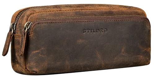 STILORD 'Melissa' Federmäppchen Leder Groß Vintage mit Reißverschluss Stiftemappe Großes Etui Schule Uni Echtleder Kosmetiktasche für Damen und Herren, Farbe:Kreta - braun