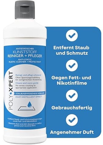 PolyXpert Antistatischer Kunstoff Reiniger & Pfleger 250ml - hochwertiger Universalreiniger für alle Kunstoffflächen - ideal für KFZ, Fensterrahmen, Küchengeräte, Fließen und Nikotinablagerungen