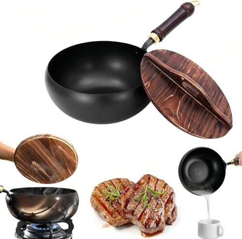 MIDUOLAI Wooden Lid,24cm,Wok Non Stick, 2025 New Handmade Cast Iron Wok with Wooden Lid, Cast Iron Frying Pan No Chemical Coated, Traditional Carbon Steel Woks, Ideal for Induction, Gas