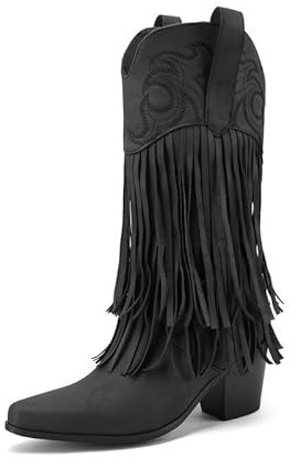 DSKHDZW Stivali Cowboy Western da Donna A Media Gamba, Ampia vestibilità, Tacco Spesso, Ricamati E con Frange, Stile Equitazione,Nero,43 EU