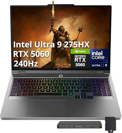 Lenovo Legion 5 Ordinateur portable de jeu 16 WQXGA 240 Hz, Intel Ultra 9 275HX, NVIDIA GeForce RTX 5060 8 Go GDDR7, 32 Go DDR5, 2 To SSD, clavier rétroéclairé RVB, WiFi 7, Windows 11, gris, station