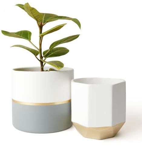 La Jolíe Muse Blumentöpfe, Übertöpfe Keramik 2er Set, Klassisches Design Weiß & Gold, Rund & Achteckig Ø16.5 x H15 cm für Innen