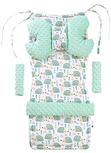 Medi Partners Sitzauflage Kinderwagen Buggy Baby Sommer Kindersitz Einlage Universal - 5tgl Gurtpolster + Spielbogen Kinderwagenset Babyschale (Igel mit Minze Minky)