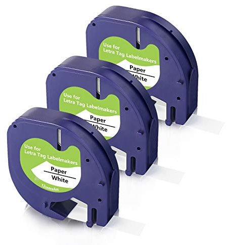 Meritom Kompatible für Dymo LetraTag Paper White Tape 12mm x 4m Schwarz auf Weiß für Dymo Letratag Papier Etikettenband 91220 mit Letratag LT-100H LT-100T LT-110T XR XM 200B Beschriftungsgerät 3X