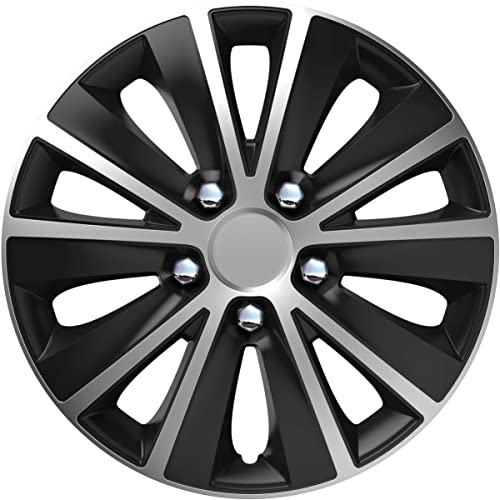 S SUMEX Juego de 4 Tapacubos de 14 Pulgadas Diseño Nebraska Nuts Chrome Silver, Acabados en Cromado y Negro y ABS Resistente a Fuertes Impactos, Duradero y Fiable con Anillo de sujeción Ajustable