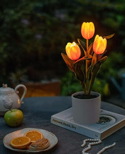 Minidiva Tulpenlampe Künstliche Blumen mit LED-Licht, Simulation Tulpe Nachtlicht mit Vase, Real Touch Tischlampe für Heimdekoration, Hochzeitsarrangements, batteriebetrieben, 12x12x33cm,1 Set, Orange