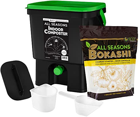 All Seasons Indoor Composter Starter Kit – 4.4 Gallon Black Organko Compost Bin for Kitchen Countertop with Scoop, Cup, Presser & 1 Gallon (2 lbs) of Bokashi, 77% Recycled Plastic by SCD Probiotics