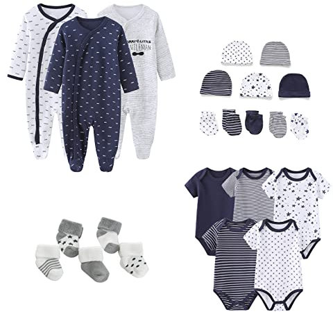 MAMIMAKA Newborn Baby Boys Clothes Sets 23-Piece, 5-pack Bodysuit+3PJS and Accessories for 0-6 Months