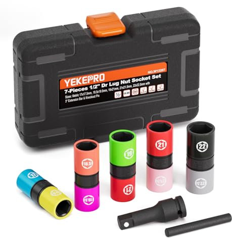 YEKEPRO Lug Nut Flip Socket Set, 7 Pieces Thin Wall Wheel Protector Nut Socket, 10 Half Size, Metric, Cr-Mo Steel, W12207
