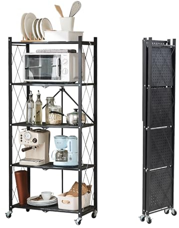 BRIAN & DANY Klappbares Regal mit Rollen, 5 Etagen Faltbare Schwerlastregal, Metallregal Schwarz, Lagerregal, Klappregal für die Küche, Büro, 65 x 33 x 150 cm