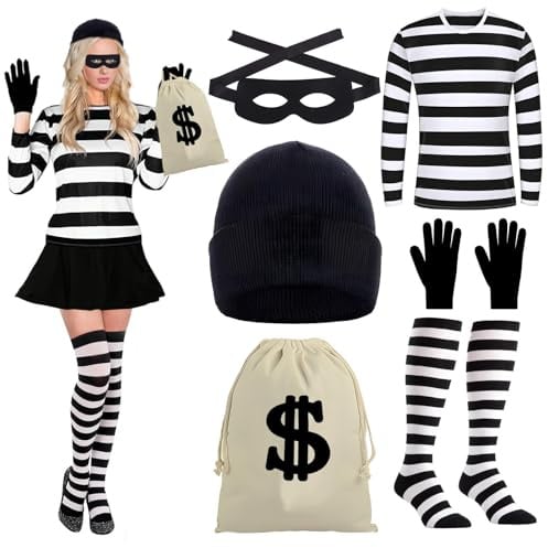 SHAWINKLE Bankräuber Kostüm Damen,Strickmütze,Maske,Handschuhe,Geldbeutel,Kniestrümpfe,T-Shirt,Einbrecher Kostüm für Halloween Karneval Cosplay