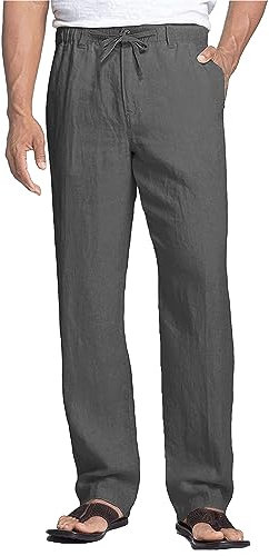 NANAMEEI Pantaloni in lino da uomo estivi, pantaloni da spiaggia, casual, pantaloni da yoga, da uomo, taglie forti, elastici con coulisse, grigio, M