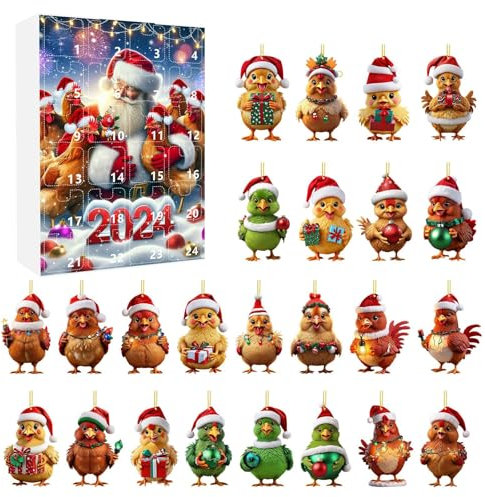 Weihnachts-Countdown-Uhr, beleuchtet, 2D-Weihnachts-Huhn-Ornamente mit Weihnachtsmützen, 2024, Weihnachtsfeiertag, Adventskalender, Weihnachtsbaum, 2D-Ornamente, Weihnachten, 26,5 x 18,5 x 3,5 cm,