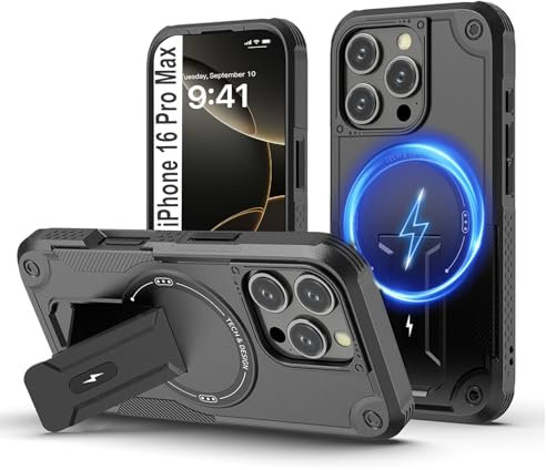 Tuvror Magnetic for iPhone 16 Pro Max Case with Stand.[Compatible with MagSafe] Built-in Kickstand. Rugged Protection Heavy Duty Shockproof Case for iPhone 16 Pro Max.(Black)