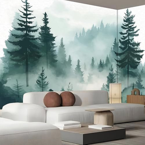 Fototapete Abstrakter Wald 450×315cm,Foto Tapete Schlafzimmer Wohnzimmer Moderne Aquarell Kiefernwald Wandtapete Bildtapete 3d Effekt Wand Dekoration
