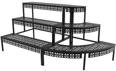 MooBeey 3 Etagen Blumenregal Topfhalter Pflanzenständer aus Eisen, Multifunktional Blumentopfständer Schwarz Blumentreppe Outdoor, Mehrstöckig Pflanzentreppe Blumenbank für Terrasse Garten Balkon
