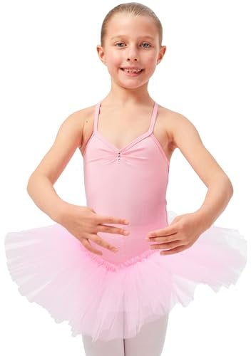 tanzmuster Ballettkleid Mädchen Tutu - Kim - weicher Baumwollstoff - Glitzersteine - Ballett Trikot mit Tüllrock für Kinder - rosa, 128/134