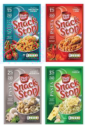 Mug Shot Pasta & Noodle Collection 4 Packets Included – 1x Firecracker Chicken Noodles 1x Chicken & Mushroom Pasta 1x Tomato & Herb Pasta & 1x Creamy Cheese Pasta – Low Fat Healthy Hot Snacks