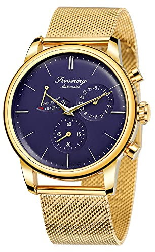 BOLYTE Herren-Armbanduhr Automatisch Mechanisch Analog, Seagull-Uhrwerk Automatische Datumsanzeige Gangreserve-Anzeige Edelstahlband Business-Armbanduhr, Goldfarben/Blau