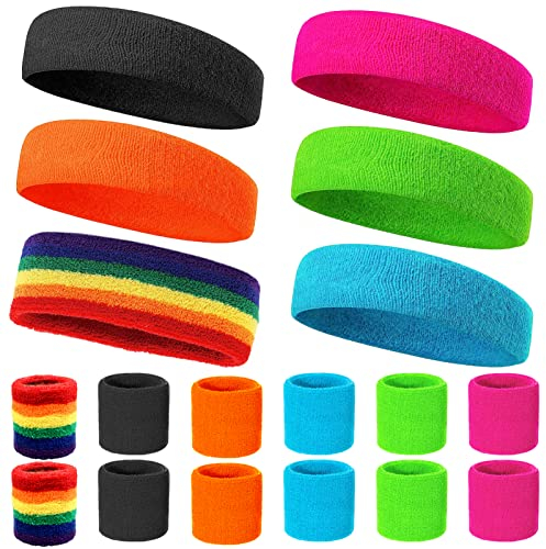 Neon Schweißband Set 80er 18-teiliges Jahre Schweißband Handgelenk Schweißband Stirn Schweissband Retro Party Accessoires für Damen Herren 6 Farben Schwarzer Blauer orange rosa grüner Regenbogen