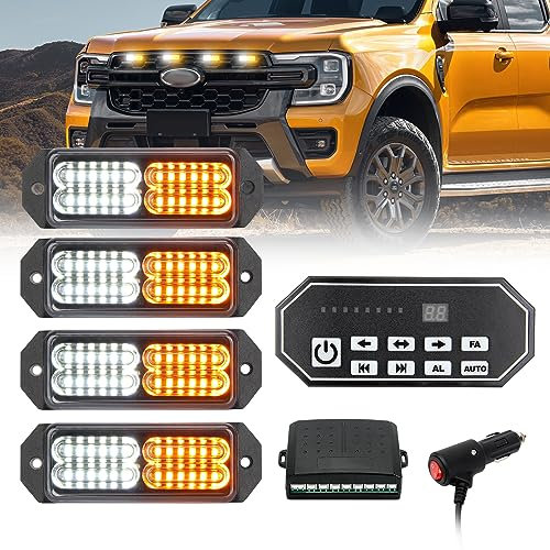 I LITTON Barre lumineuse stroboscopique 4 en 1 blanche et ambre avec interrupteur à 9 touches, 20 clignotants, lumière stroboscopique d'urgence de voiture 24 V 12 V pour camions, pare-chocs,