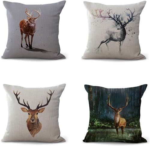 Acptxvh 4 Stück Kissenbezug,hirschgeweih deko Kreative Kunst kissenhülle herbst Kissenbezug 45 x 45 cm deer decoration